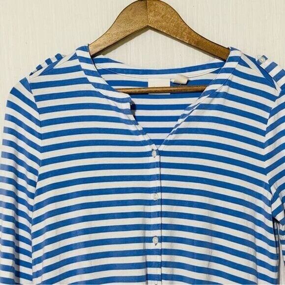Chico's Button Down Tie Front Hem Shirt Blue/White Stripe Knit Size Small - Picture 3 of 10